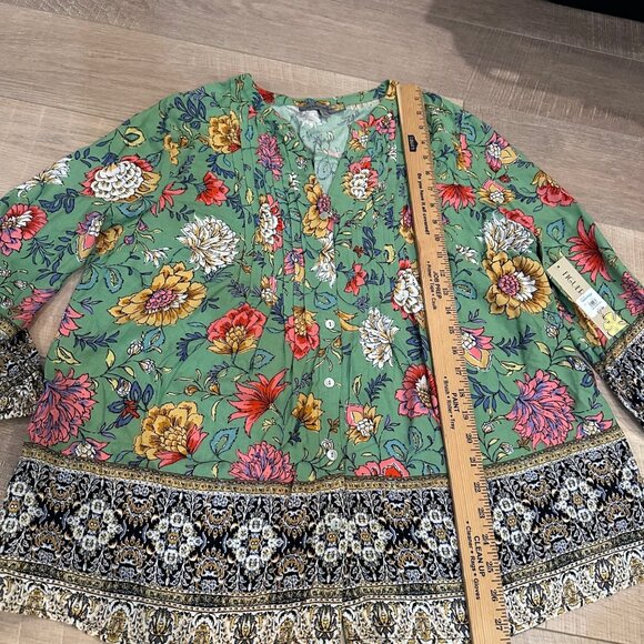 Figueroa & Flower Womens Floral Green Peasant Top With Border Detail Large new - Picture 3 of 8